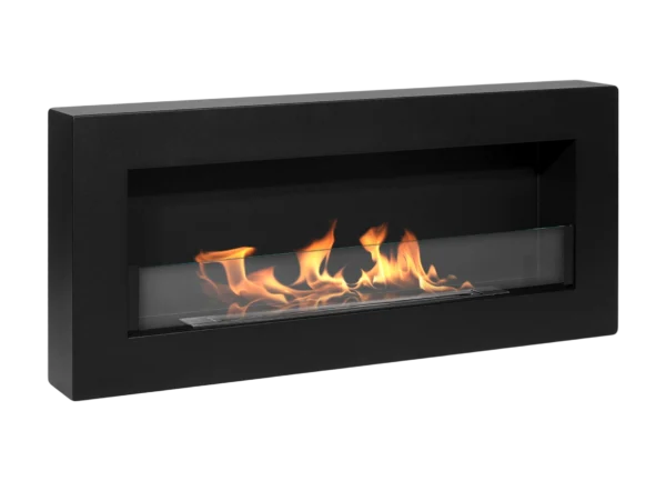 A close-up of a Saturn 900 bioethanol fire in matt black